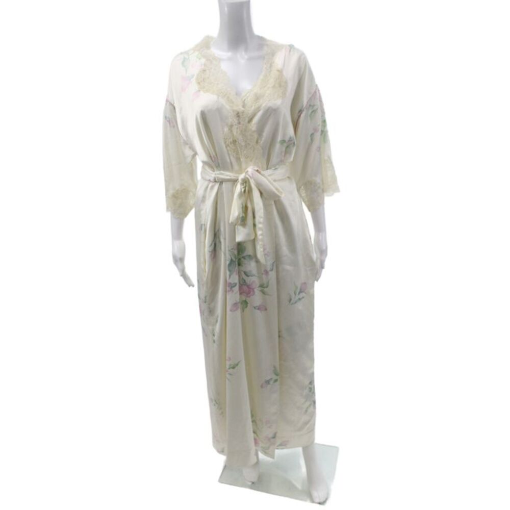 Christian Dior Womens Silk Floral Sleep Dress Robe Set Beige Pink Green Size S